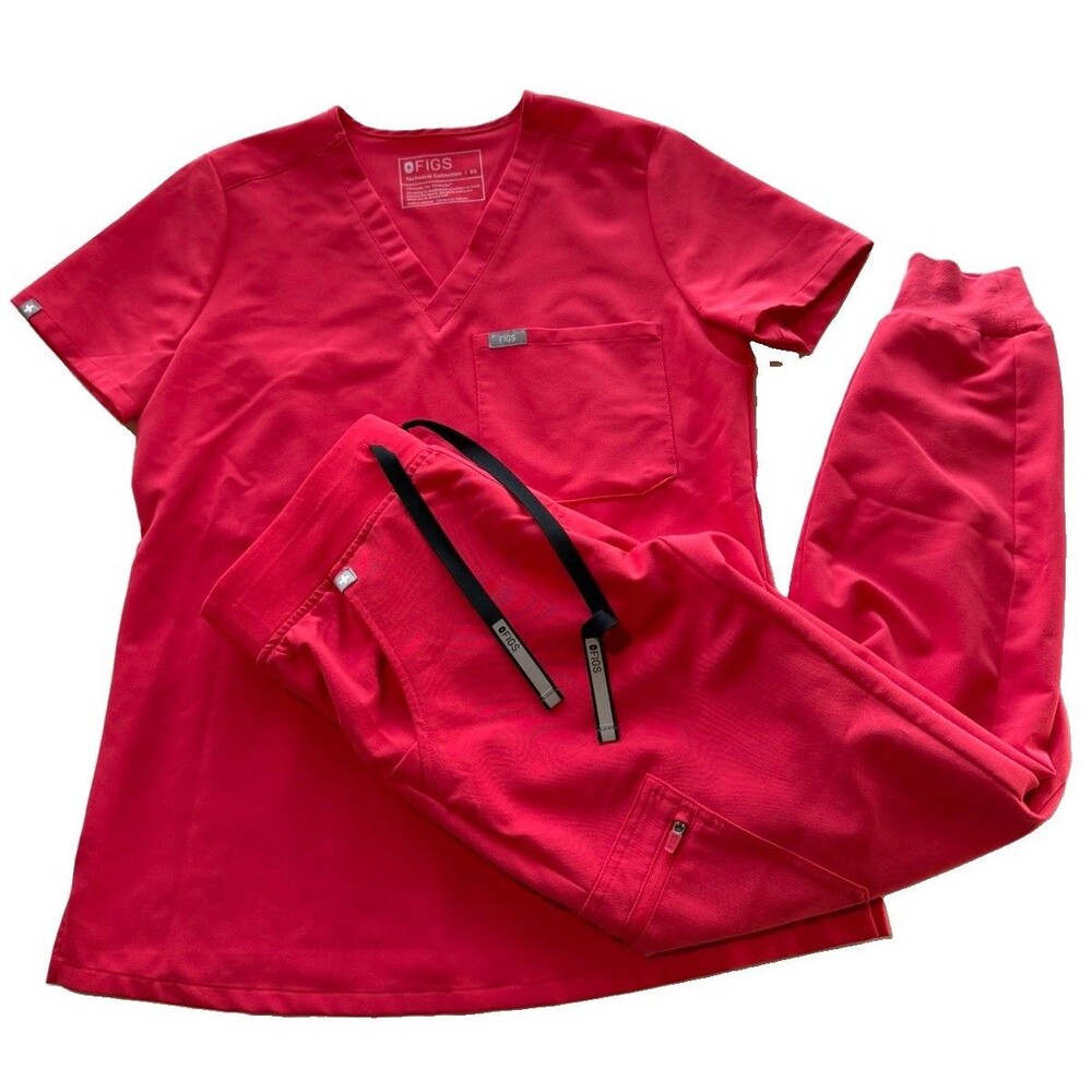 FIGS Scrub Sz XS Set Pop Red Catarina Top And Zamora Jogger Pants (Petite)